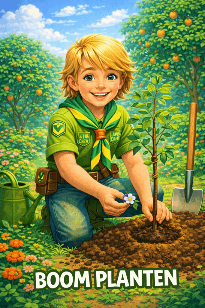 Jongen plant een boom in de tuin voedselbos wachter